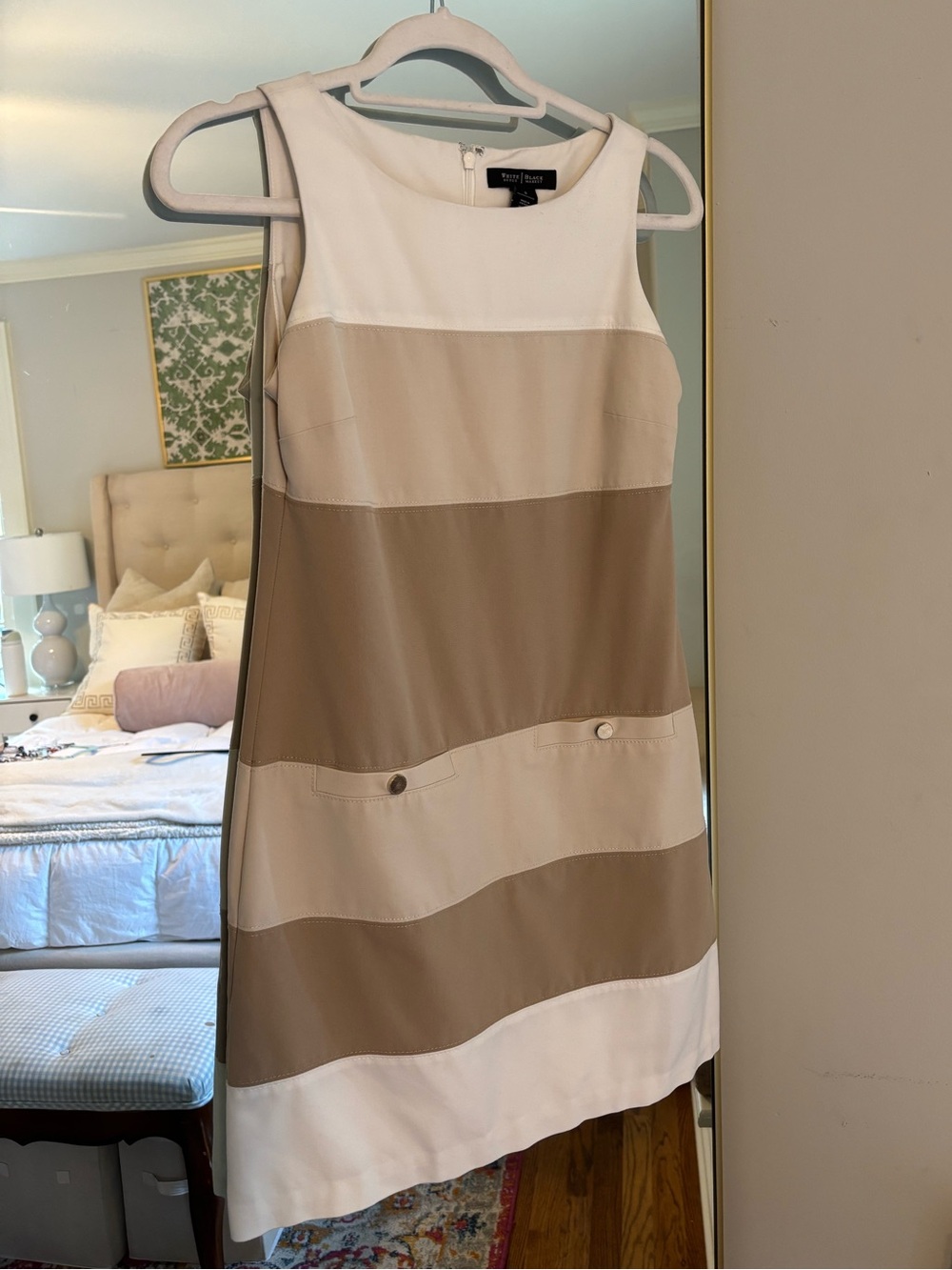 White House Black Market Sleeveless Cream and Tan Colorblock Shift Dress
